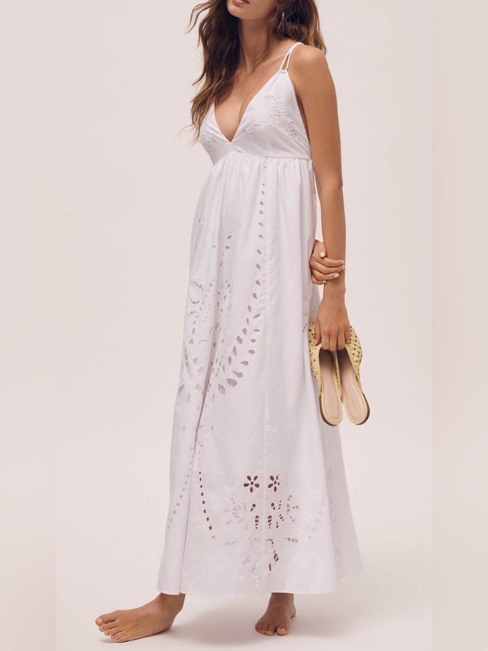Maeve White Eyelet Plunge V-Neck Maxi Dress